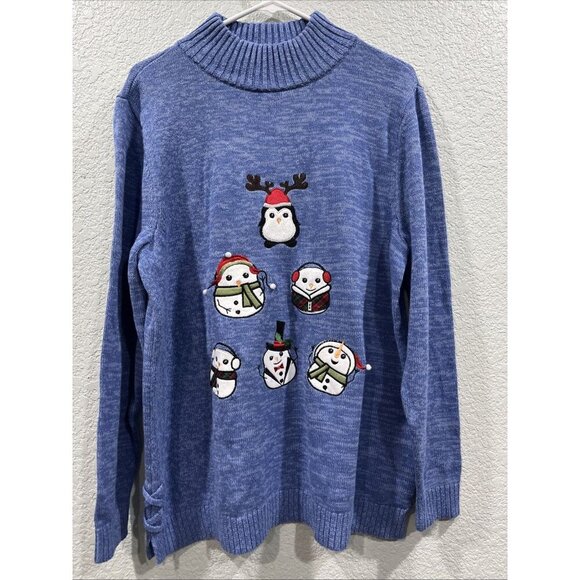 C.J. Banks Sweaters - CJ Banks Sweater Size 14W Blue Snowman Penguin Christmas Holiday Festive Novelty